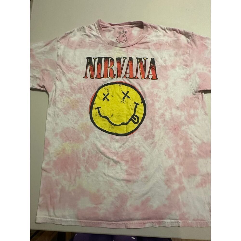Nirvana Men's Size Large Pink White Tie Dye Smiley Face Band T-Shirt